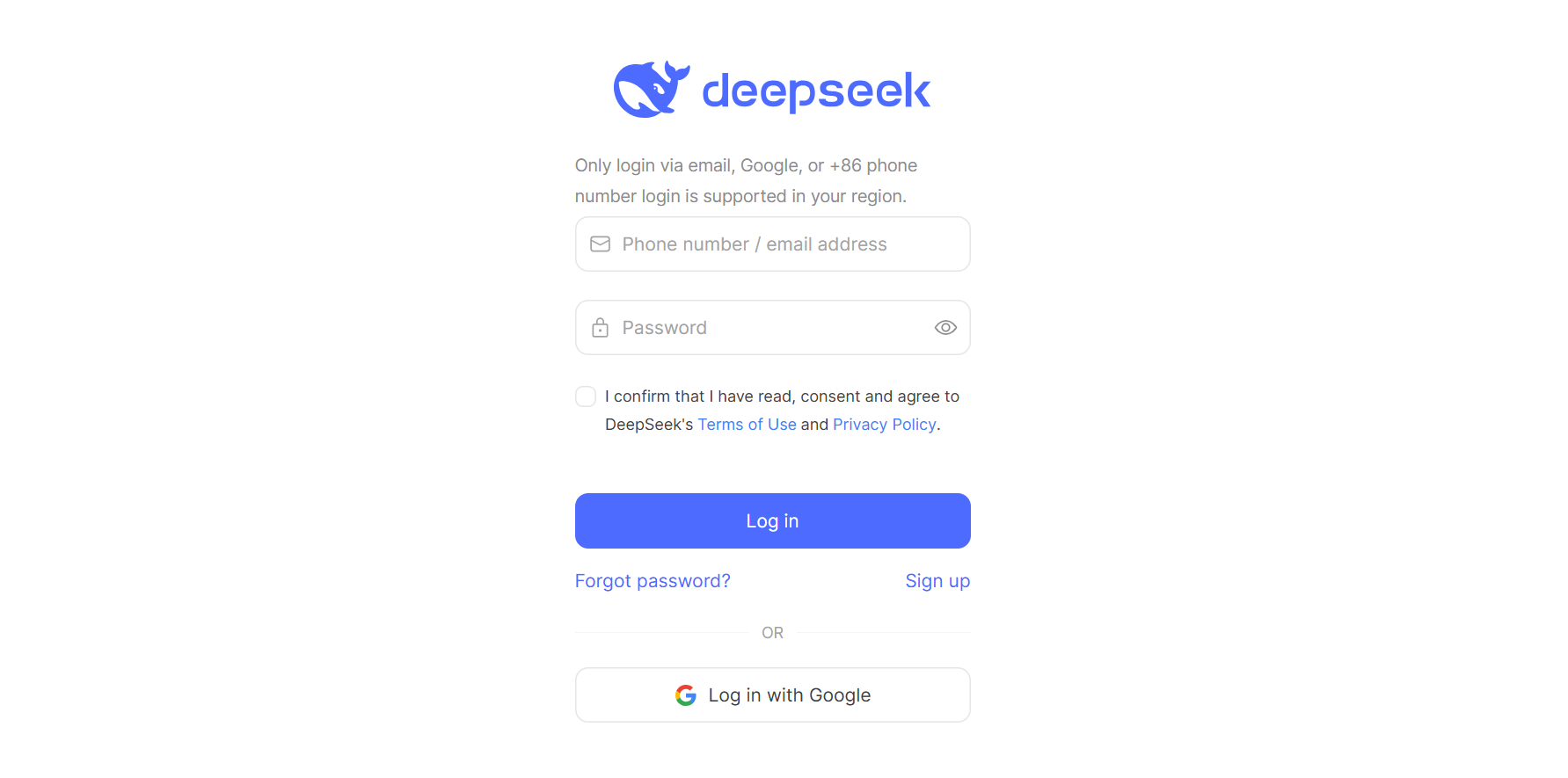 Anmeldung für DeepSeek AI chatbot