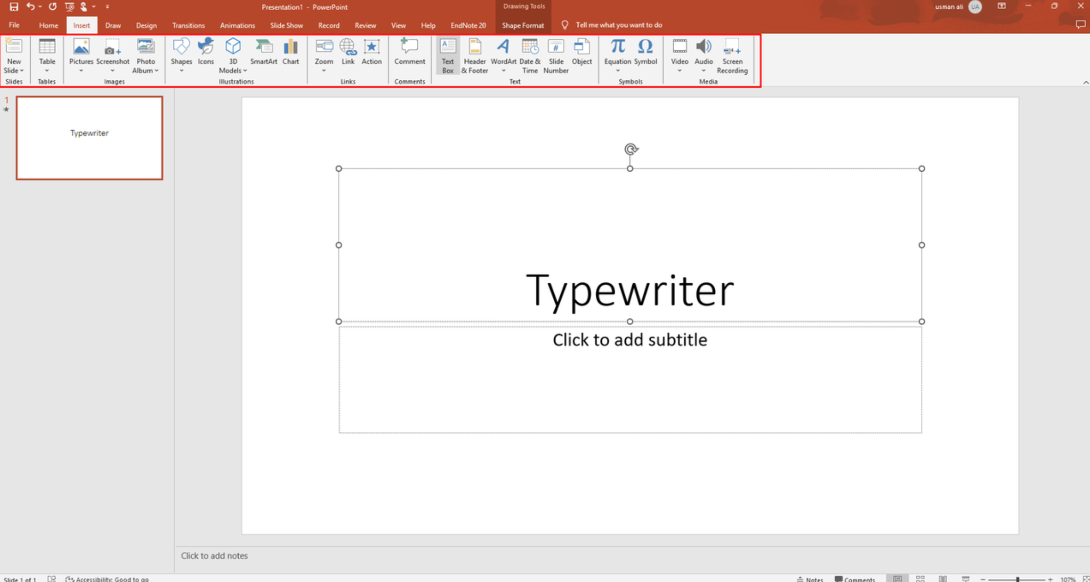 Insertion d'une zone de texte pour l'effet machine à écrire dans PowerPoint