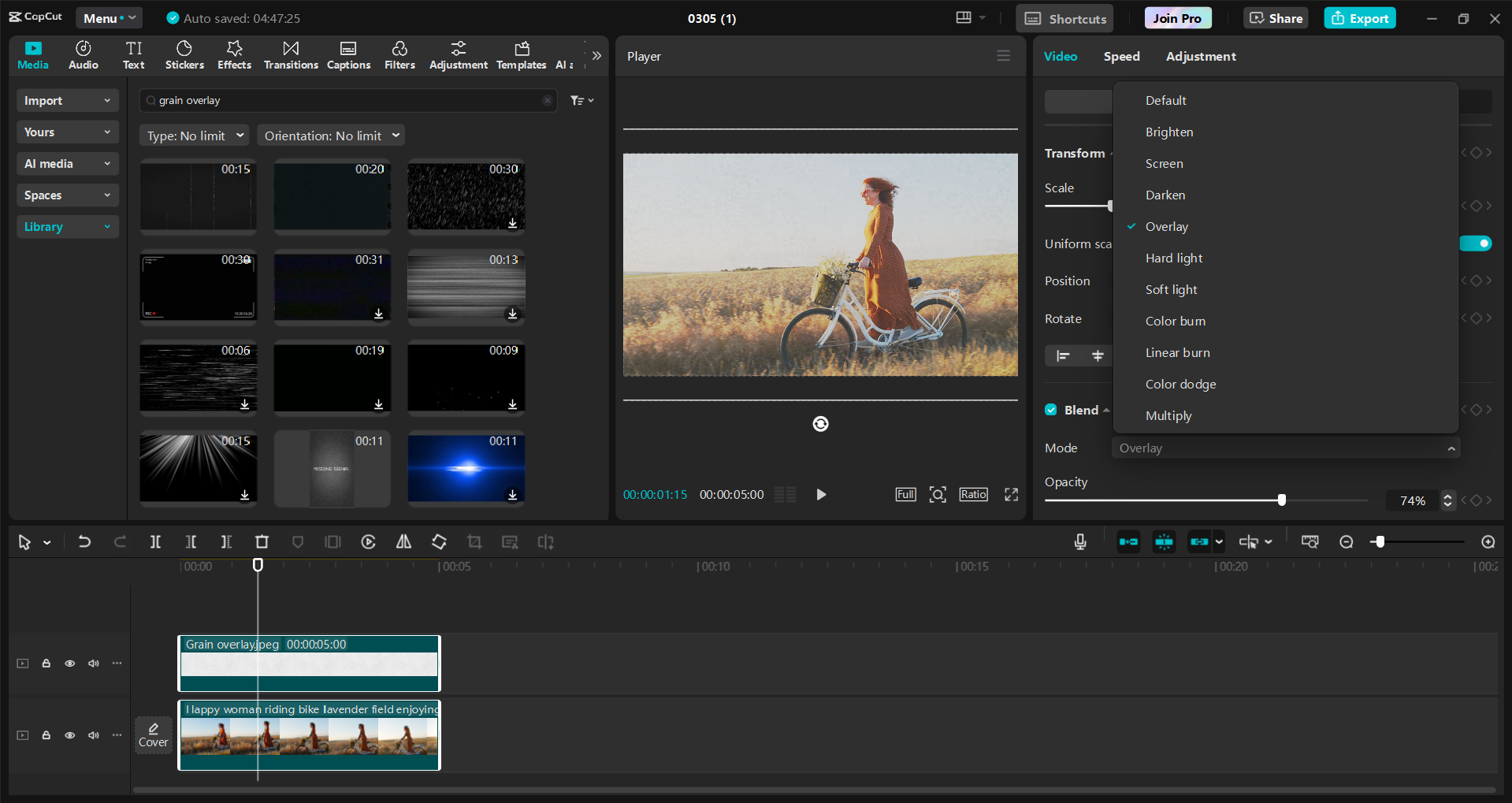 Antarmuka editor video desktop CapCut - cara cepat untuk menambahkan overlay biji-bijian dalam video