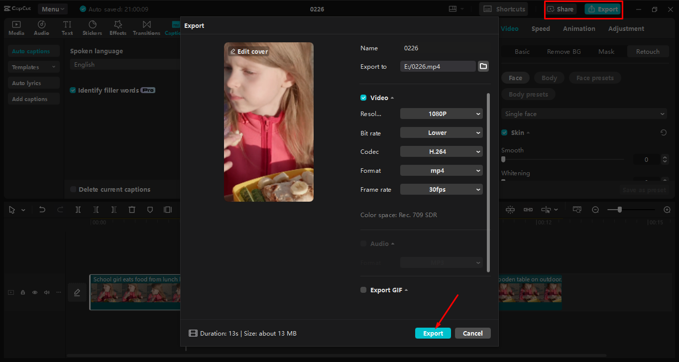 Exportación de vídeo al CapCut editor de vídeo de escritorio
