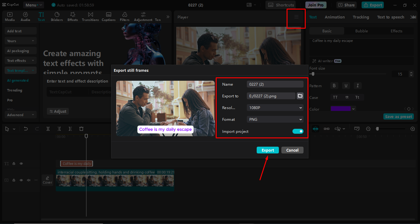 Esportazione dell'immagine dall' CapCut editor video desktop