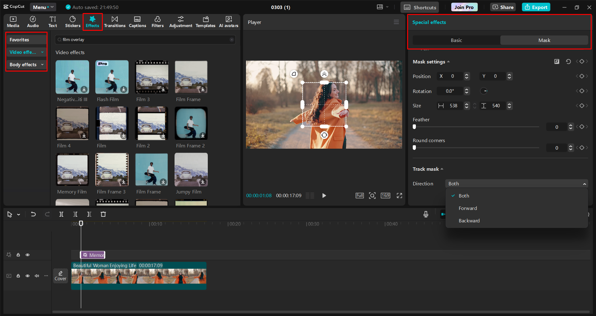 Aplicar un efecto de superposición de película a videos en el CapCut editor de video de escritorio