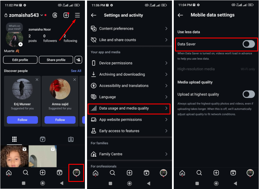 Imagem mostrando como postar bobinas em alta qualidade desligando o modo de economia de dados no Instagram