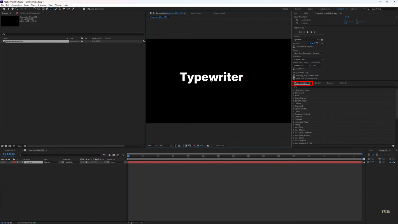 Abertura do painel de efeitos e predefinições para efeitos de gravação de texto no After Effects
