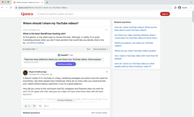 Interfaccia di Quora - un luogo altamente accessibile per promuovere i video di YouTube