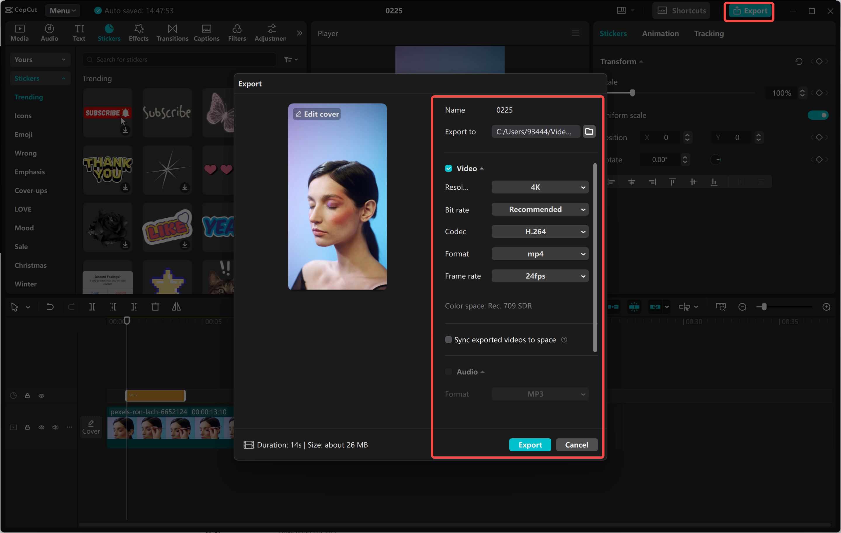 Exportul unui videoclip din editorul video CapCut desktop