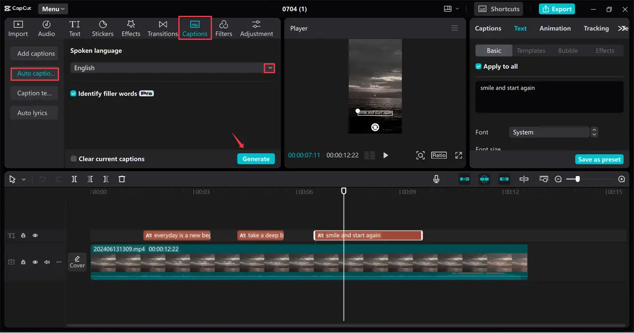 Thêm chú thích vào video trong trình CapCut chỉnh sửa video trên máy tính để bàn