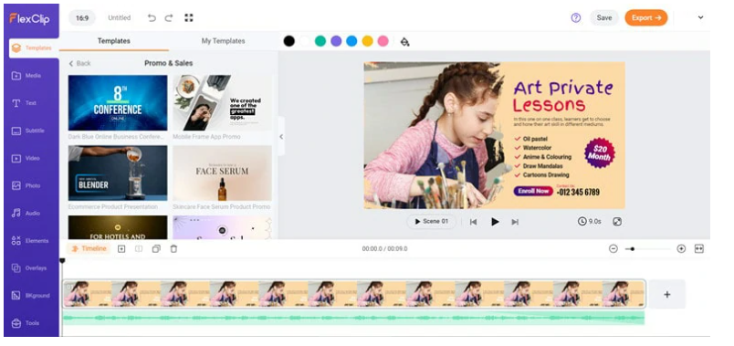 Interfaz de FlexClip: otra forma de hacer videos promocionales comerciales