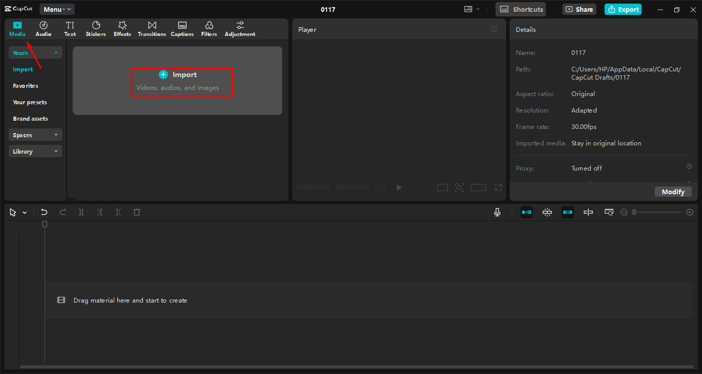 Caricare il video nell' CapCut editor video desktop