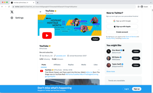Interfaccia di Twitter - il luogo più popolare per pubblicizzare i canali YouTube