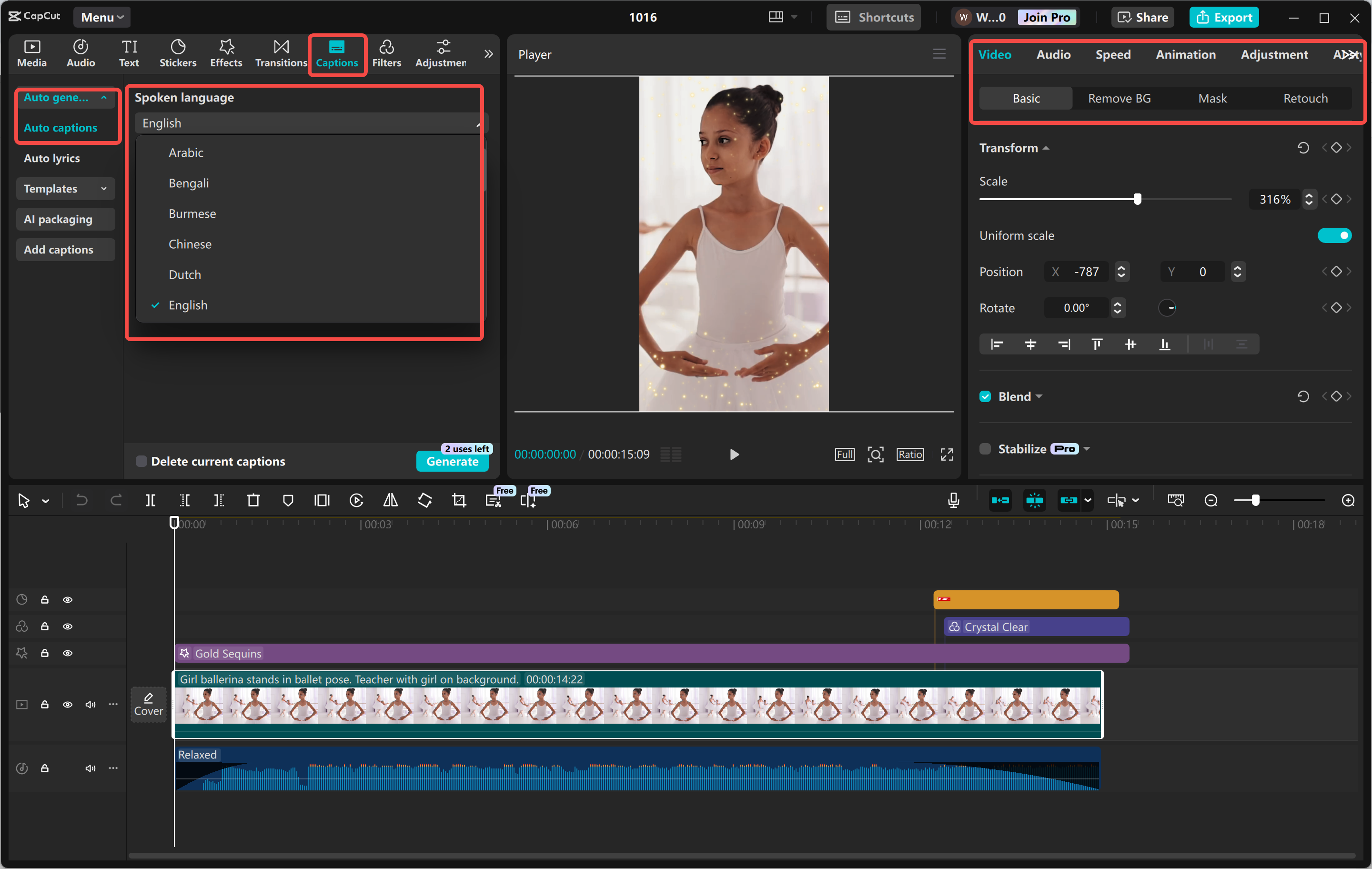 Editando um carretel do Instagram no editor de vídeo para desktop CapCut
