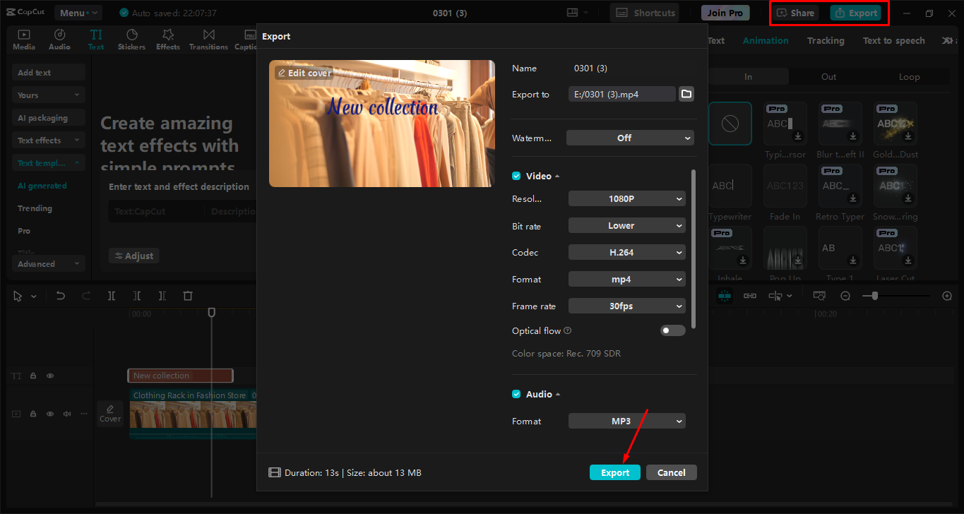 Exportar um vídeo do editor de vídeo para desktop CapCut
