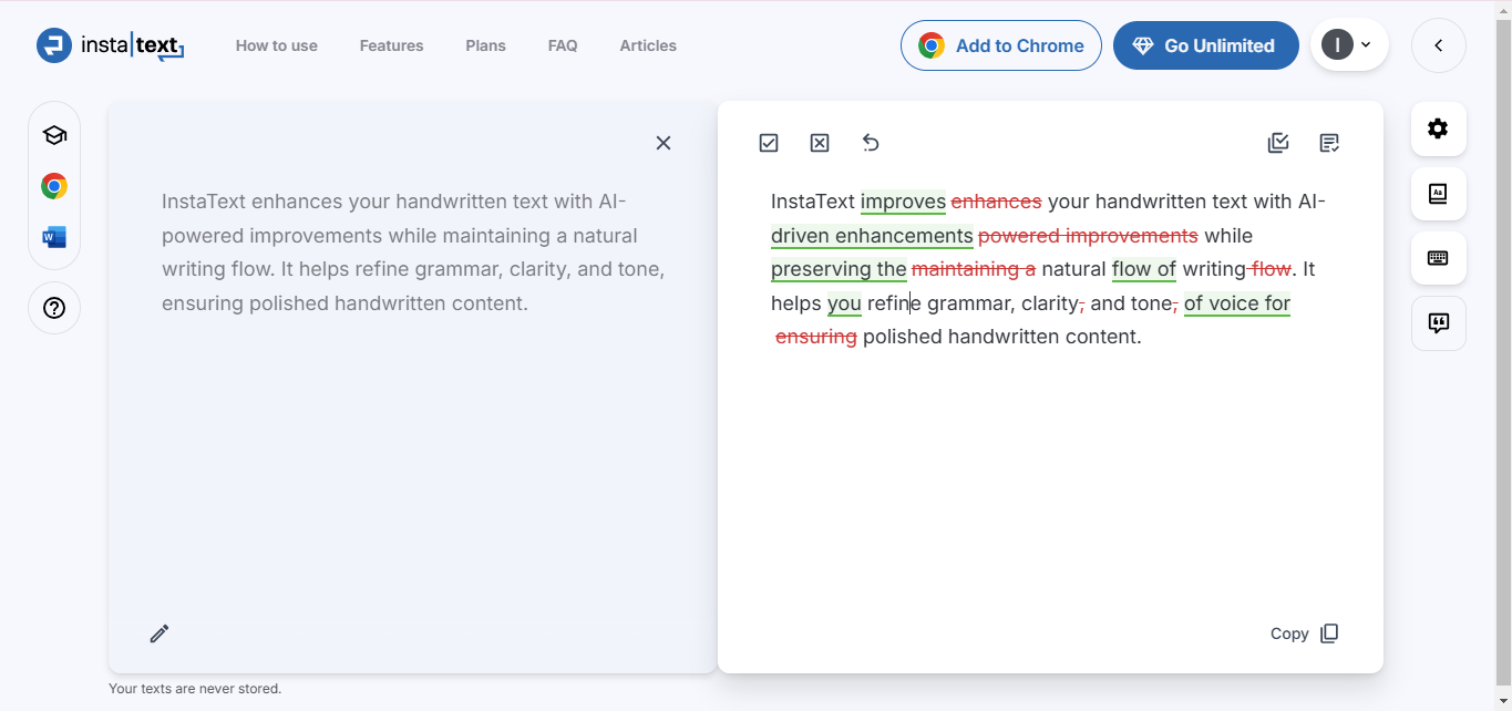 Interface de InstaText - a excelente ferramenta para escrever texto online em forma manuscrita