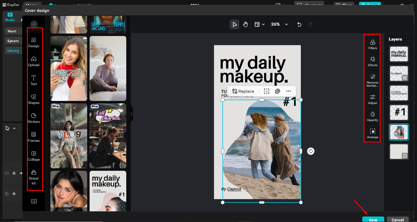 Mejorando el diseño de portadas de video en el CapCut editor de escritorio.