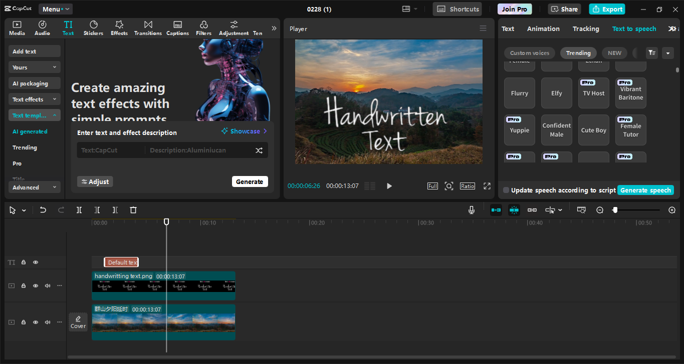 Interfaz del CapCut editor de video de escritorio: la mejor herramienta para encontrar efectos de texto de escritura a mano