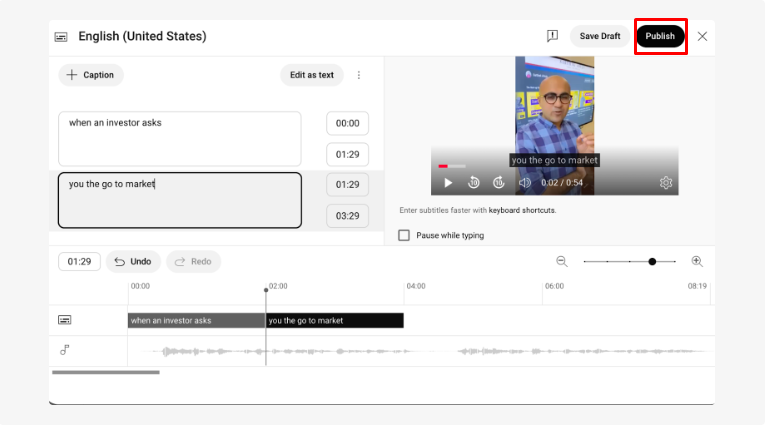 Hình ảnh hiển thị cách xuất bản chú thích trong YouTube Studio