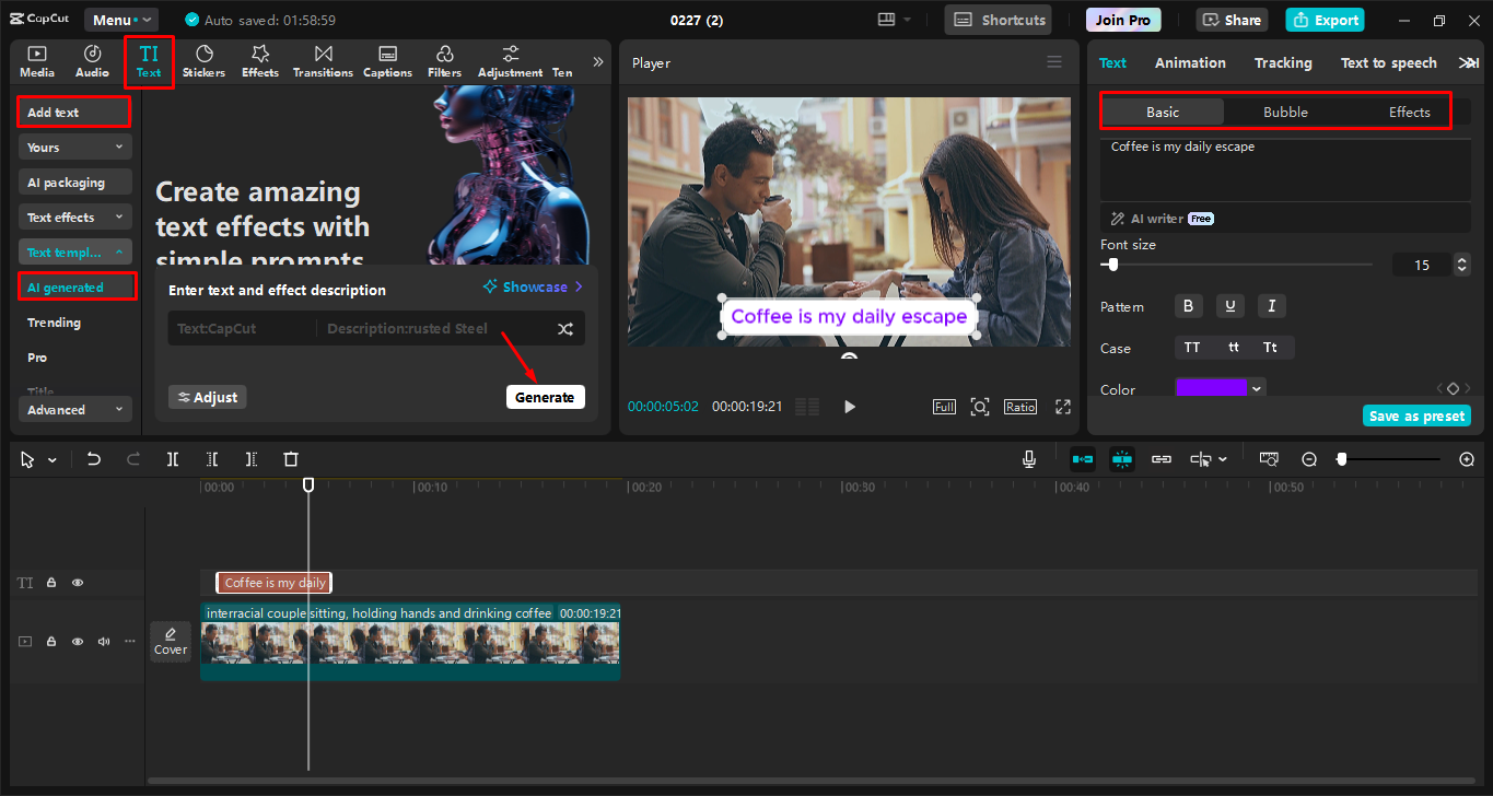 Aggiunta e personalizzazione del testo sull'immagine nell' CapCut editor video desktop
