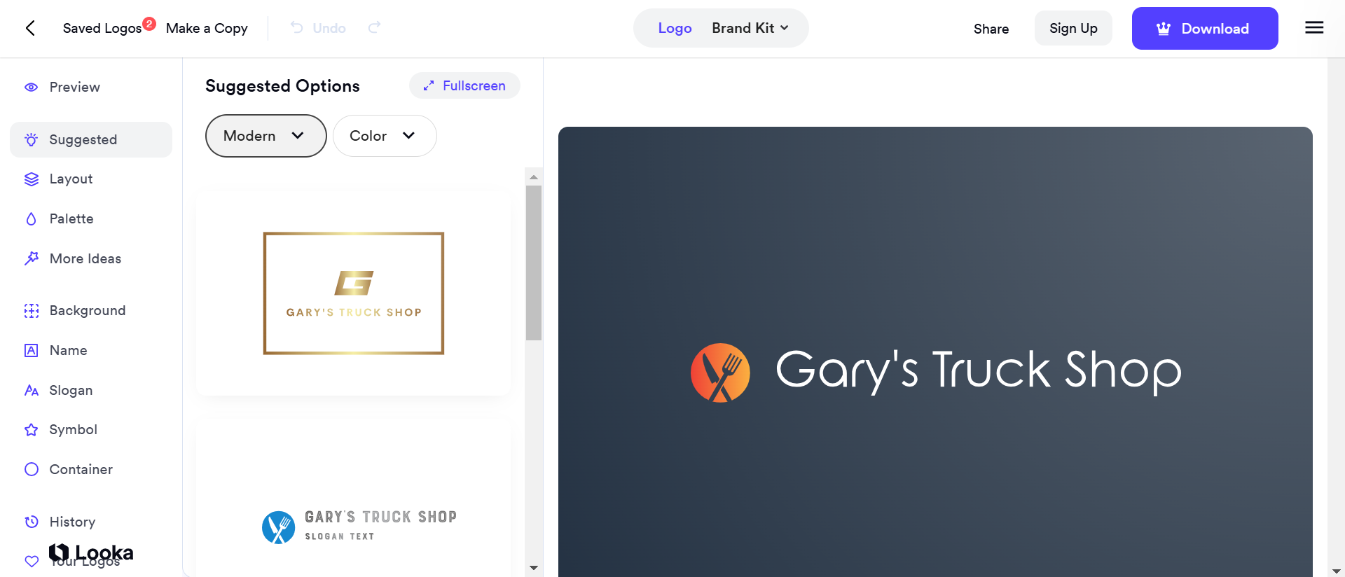 Looka's logo design interface