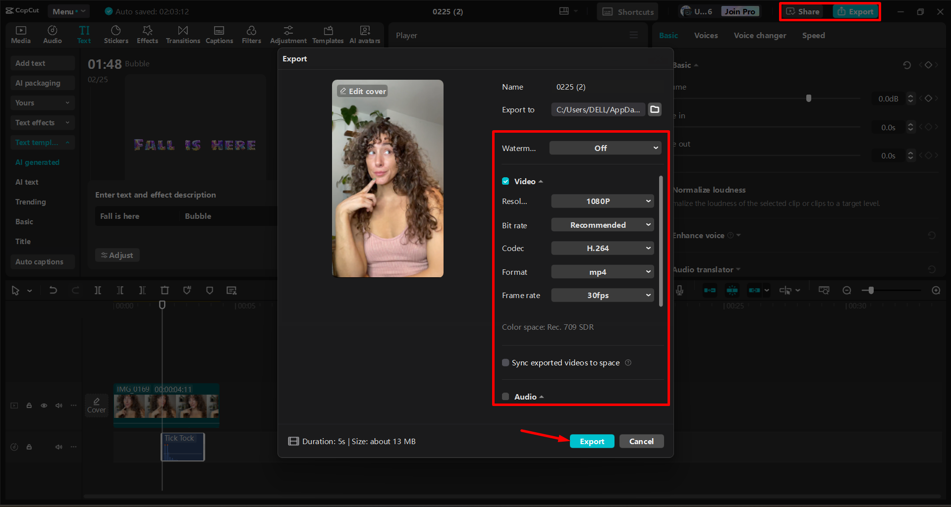 Exportar um vídeo do editor de vídeo para desktop CapCut