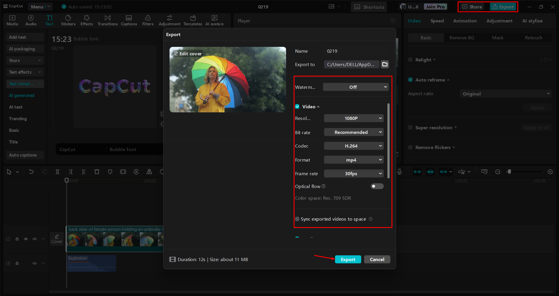 Esportazione di un video dall' CapCut editor video desktop