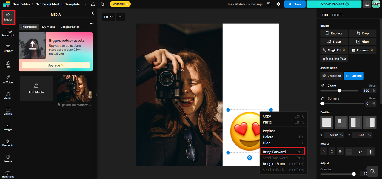 media option on left panel and bring forward option by right clicking on emoji