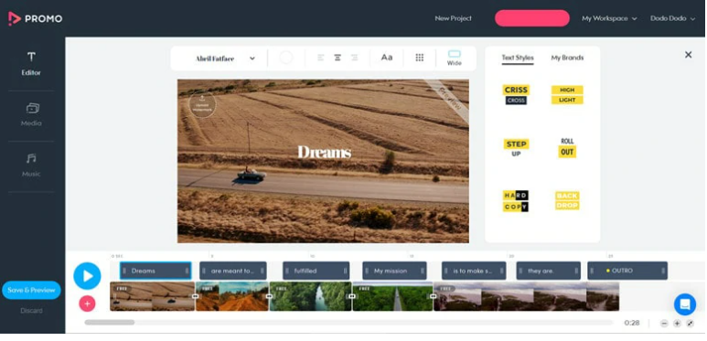 Interfaz de Promo.com - el mejor sitio para hacer videos promocionales de la empresa