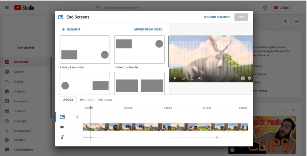 Auswahl eines Endbildschirmlayouts im YouTube Studio