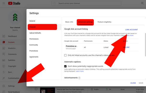 Linking a YouTube channel to a Google ads account