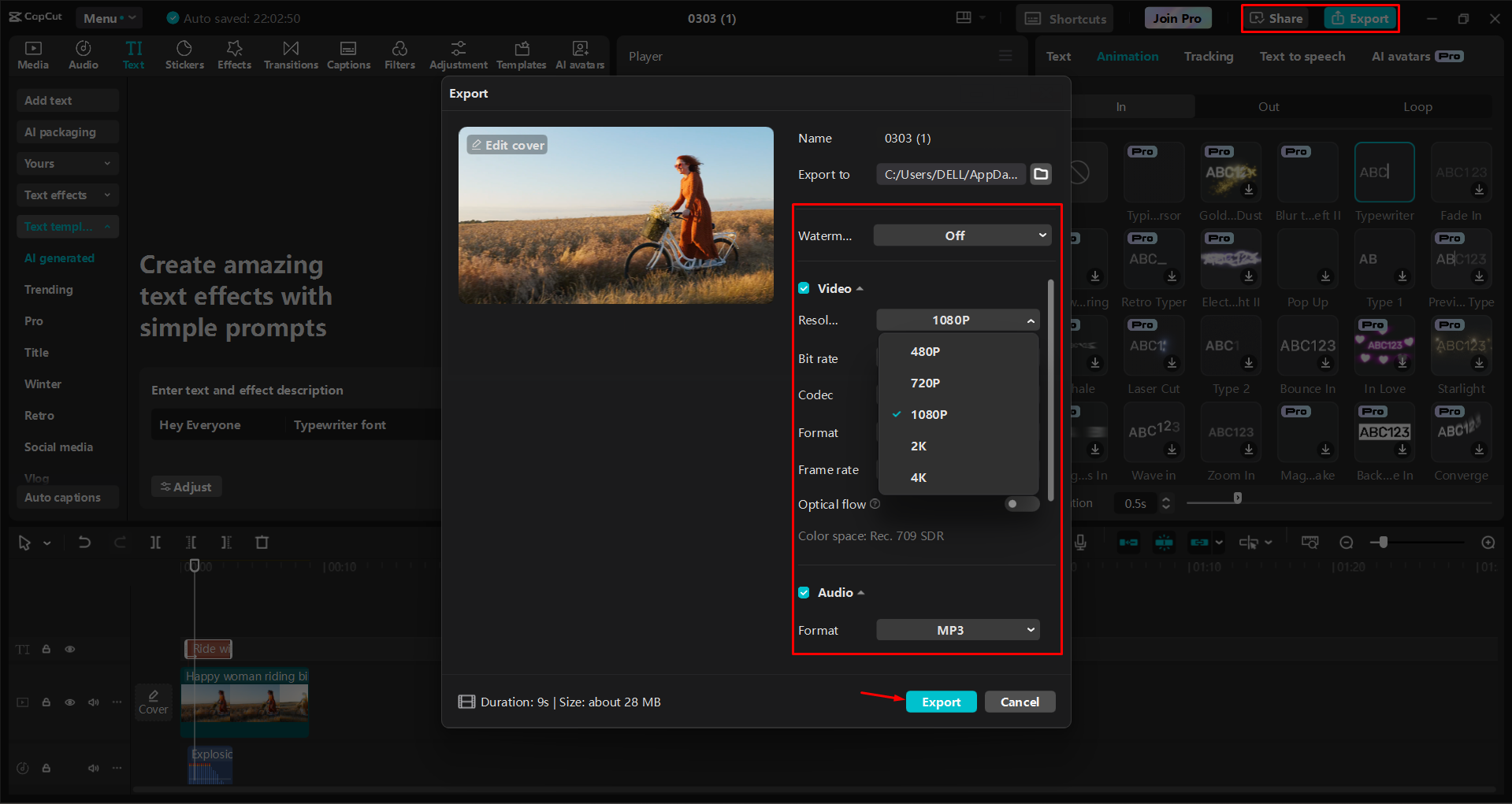 Exportar um vídeo do editor de vídeo para desktop CapCut