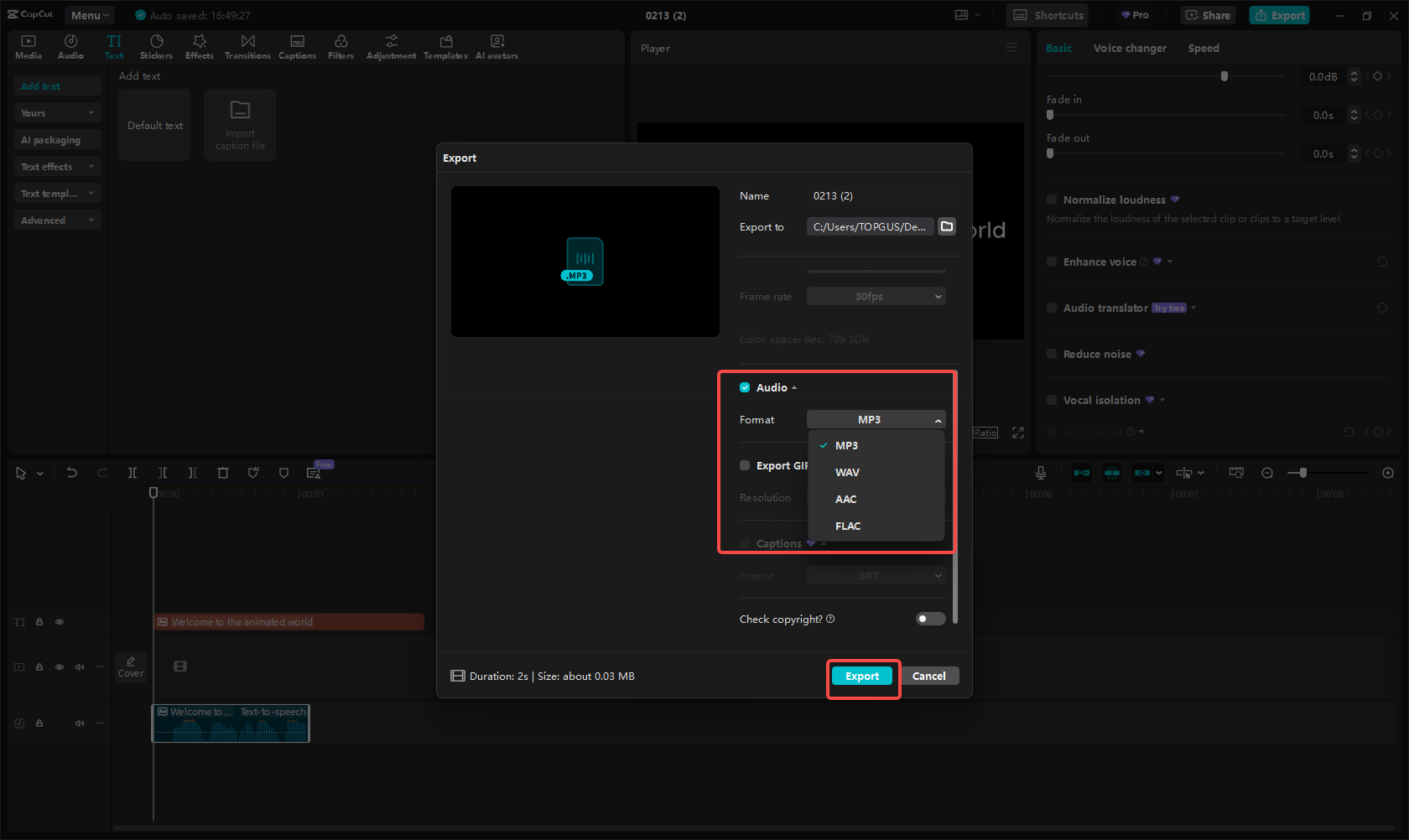 Exporting and sharing the audio in CapCut