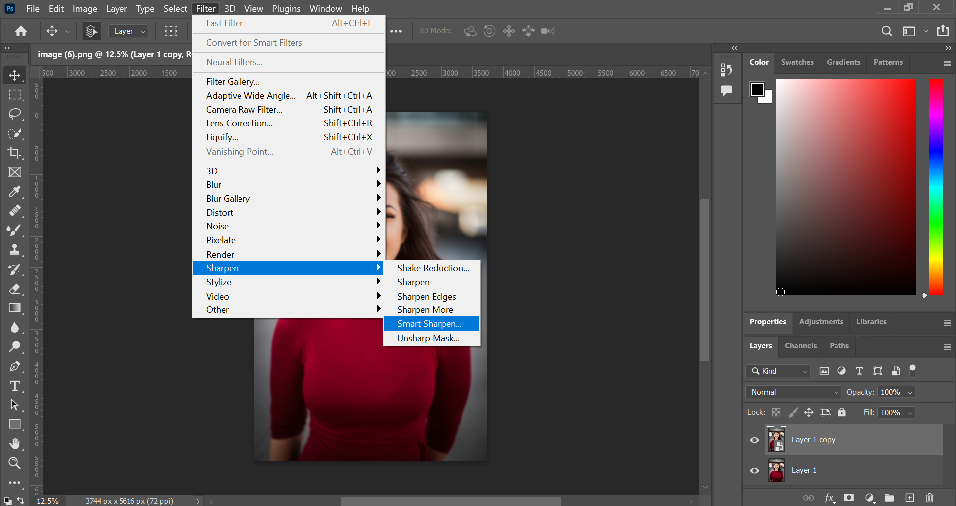 How do you sharpen an image in Photoshop: Open Smart Sharpen