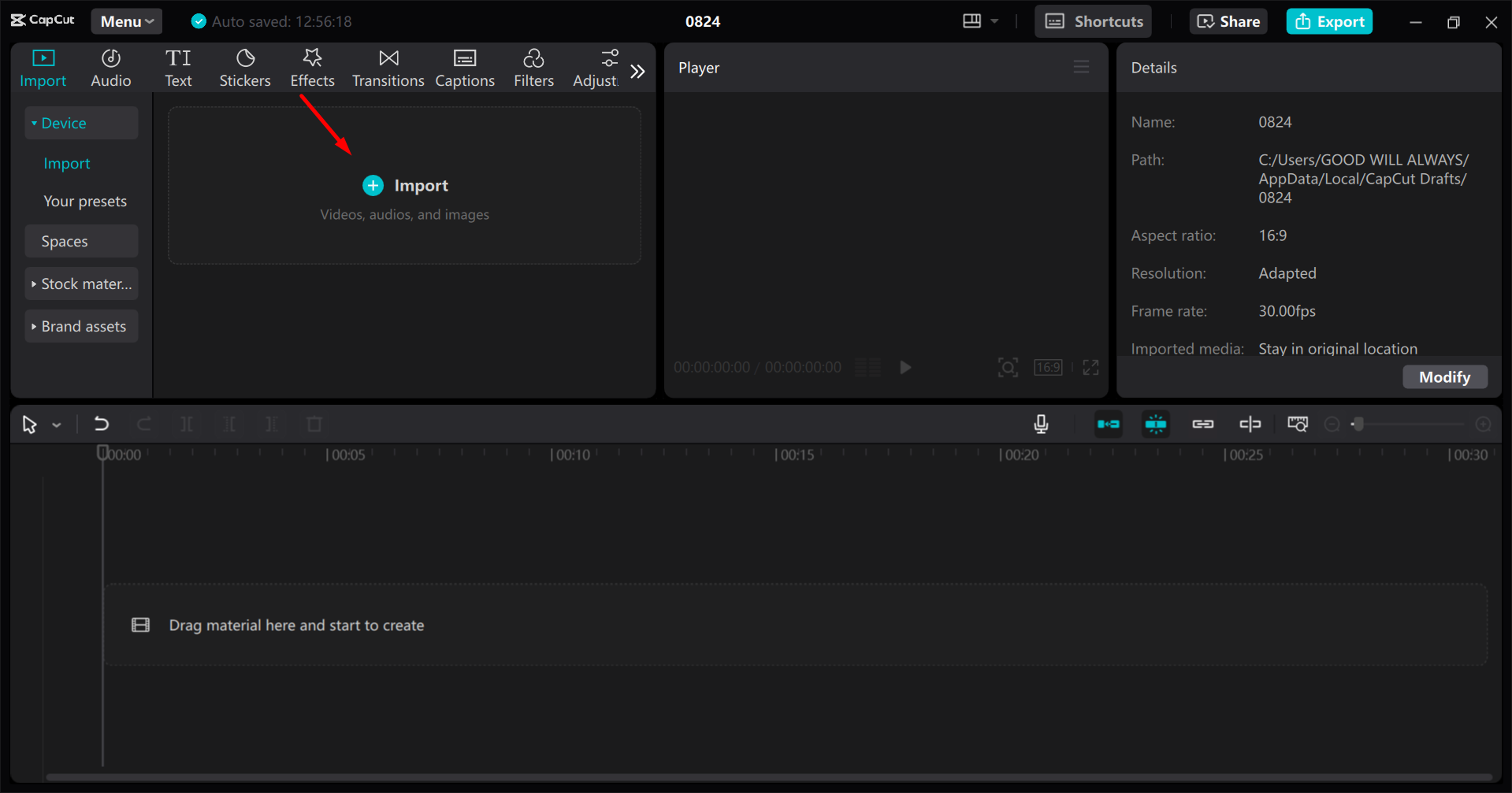 Importar um vídeo para o editor de vídeo de desktop CapCut