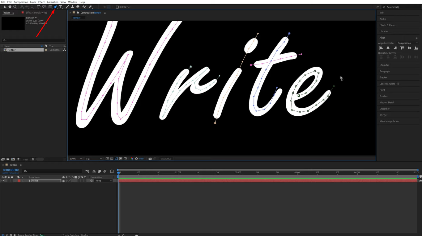 After Effectsで手書きのテキスト効果を作成するためにペンツールを使用してマスクを作成する