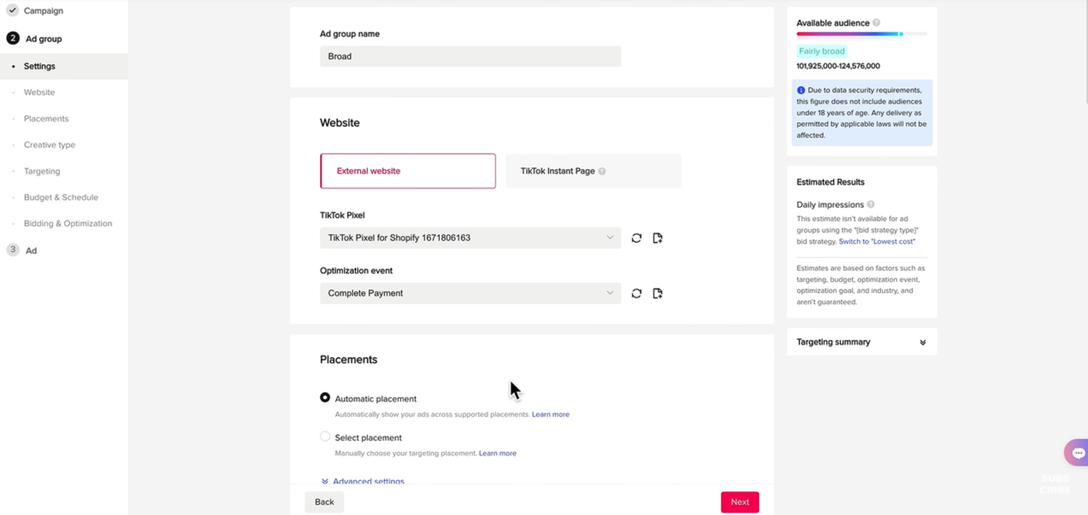Imagen que muestra cómo ajustar la configuración del anuncio para obtener un buen CTR para los anuncios de TikTok