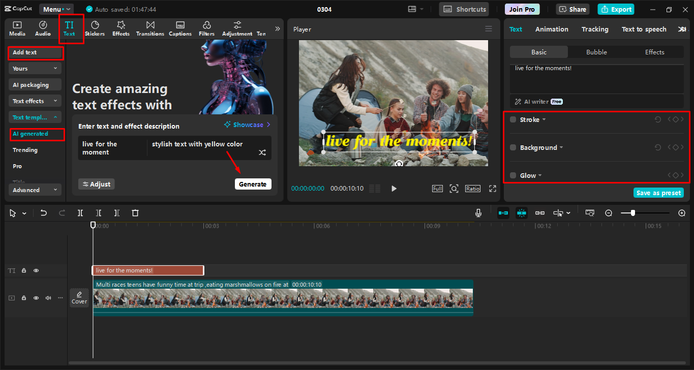 Přidání textu a generování písma AI v editoru videa pro desktop CapCut