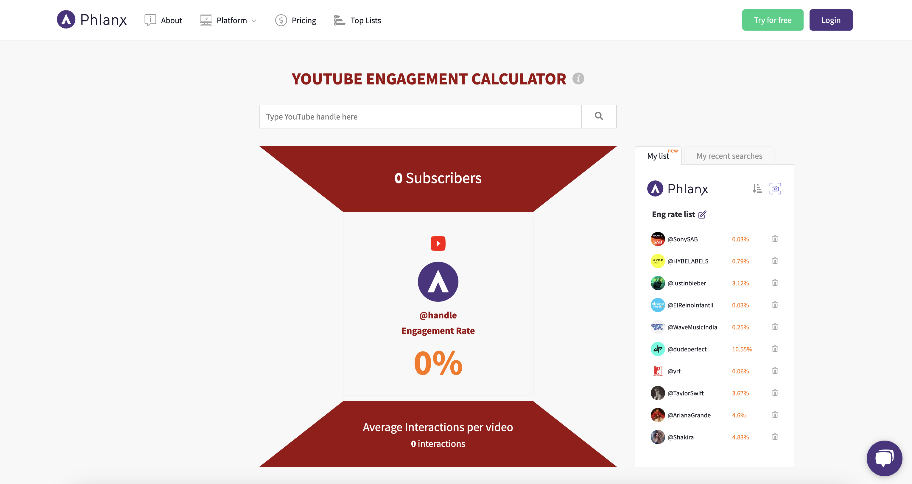 Kalkulator tingkat keterlibatan Phlanx YouTube