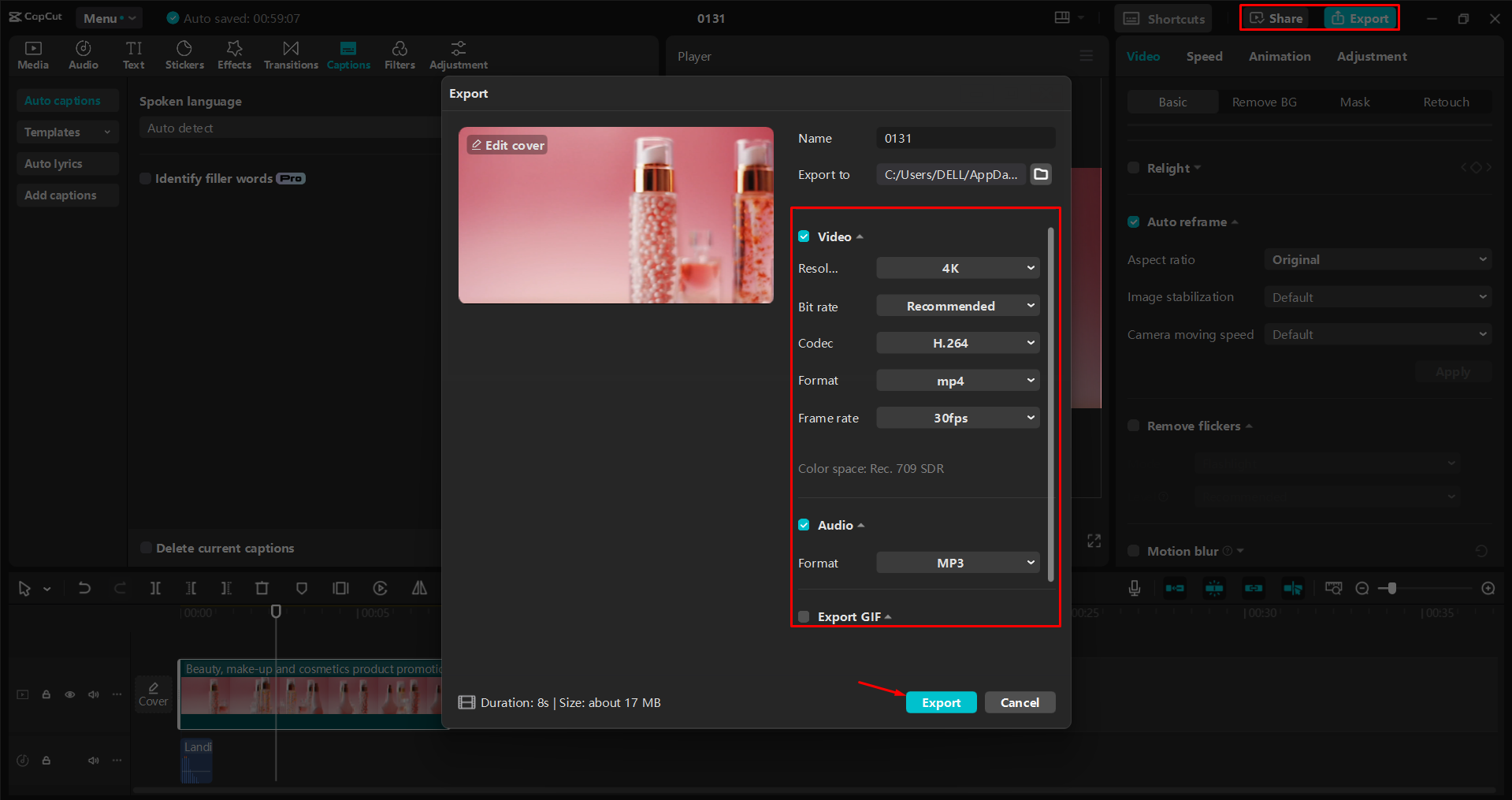 Exporting a video from the CapCut desktop video editor