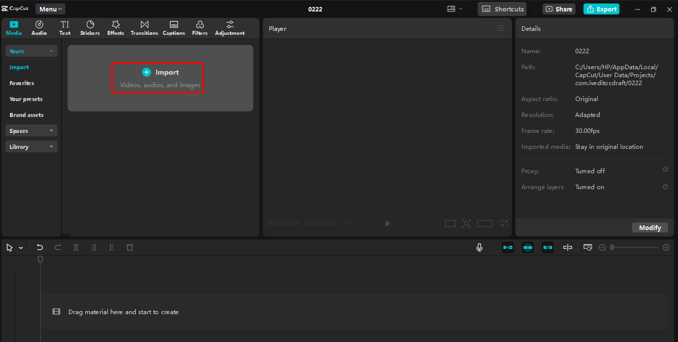 Importazione di video nell' CapCut editor video desktop