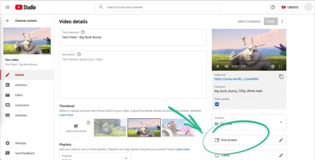 Hinzufügen eines Links zu einem YouTube-Kurzfilm über die Endbildschirme