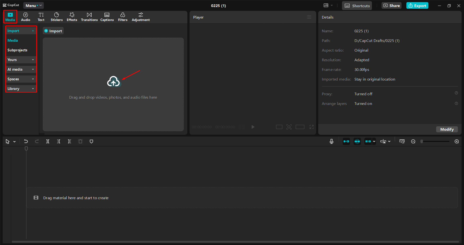 Mengimpor video ke dalam CapCut editor video desktop
