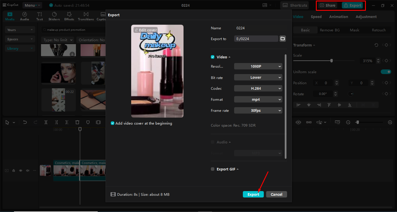 Mengeksport video TikTok dari editor video desktop Capcut
