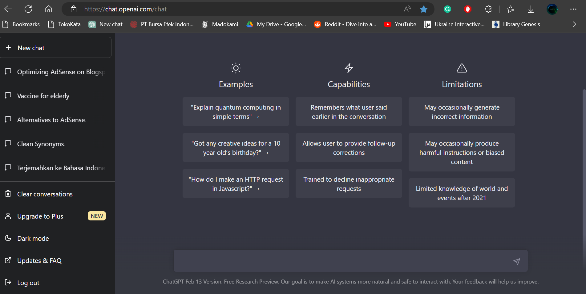 Interface of ChatGPT - an AI model by OpenAI