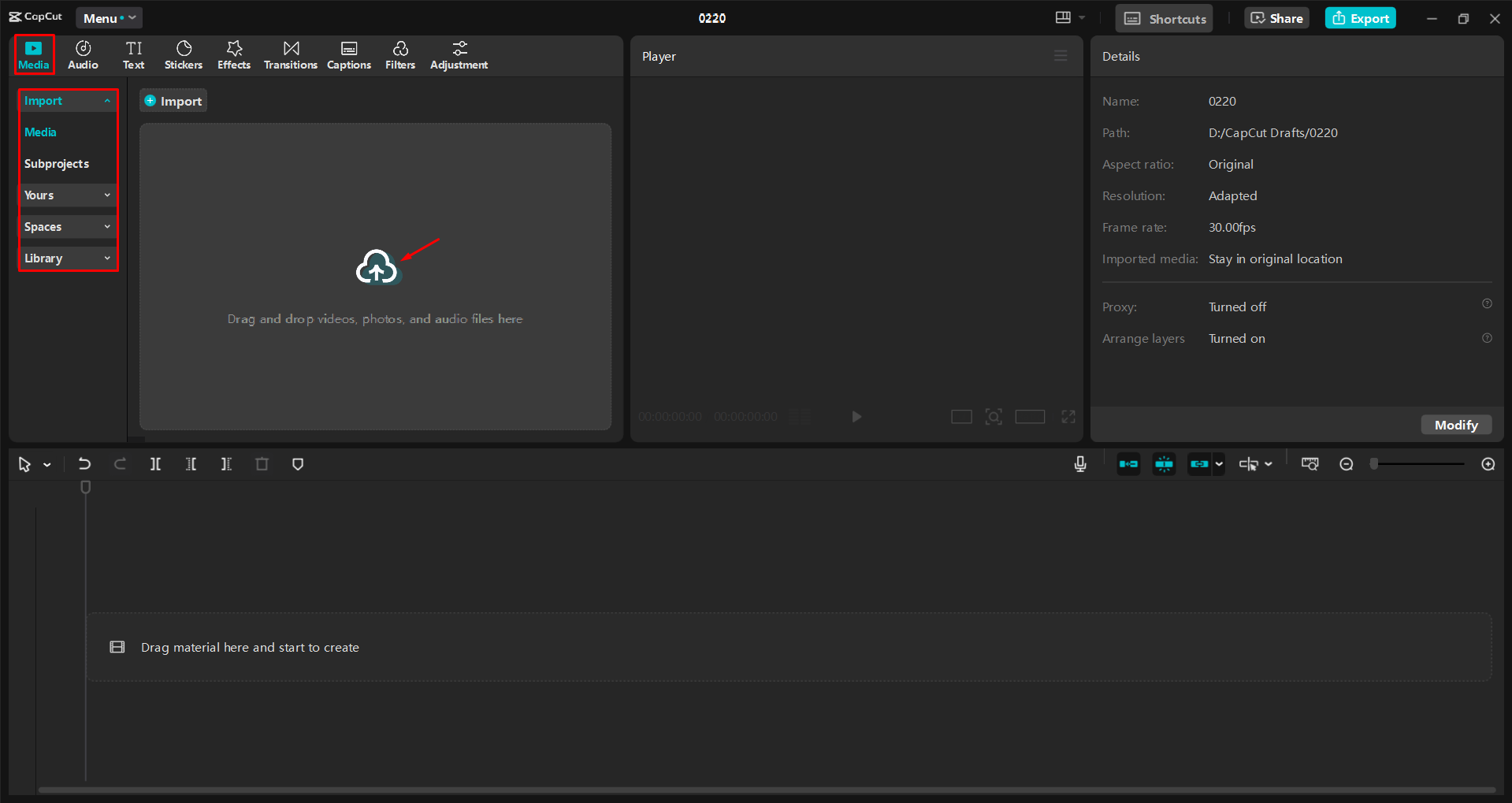 Importar um vídeo para o editor de vídeo de desktop CapCut