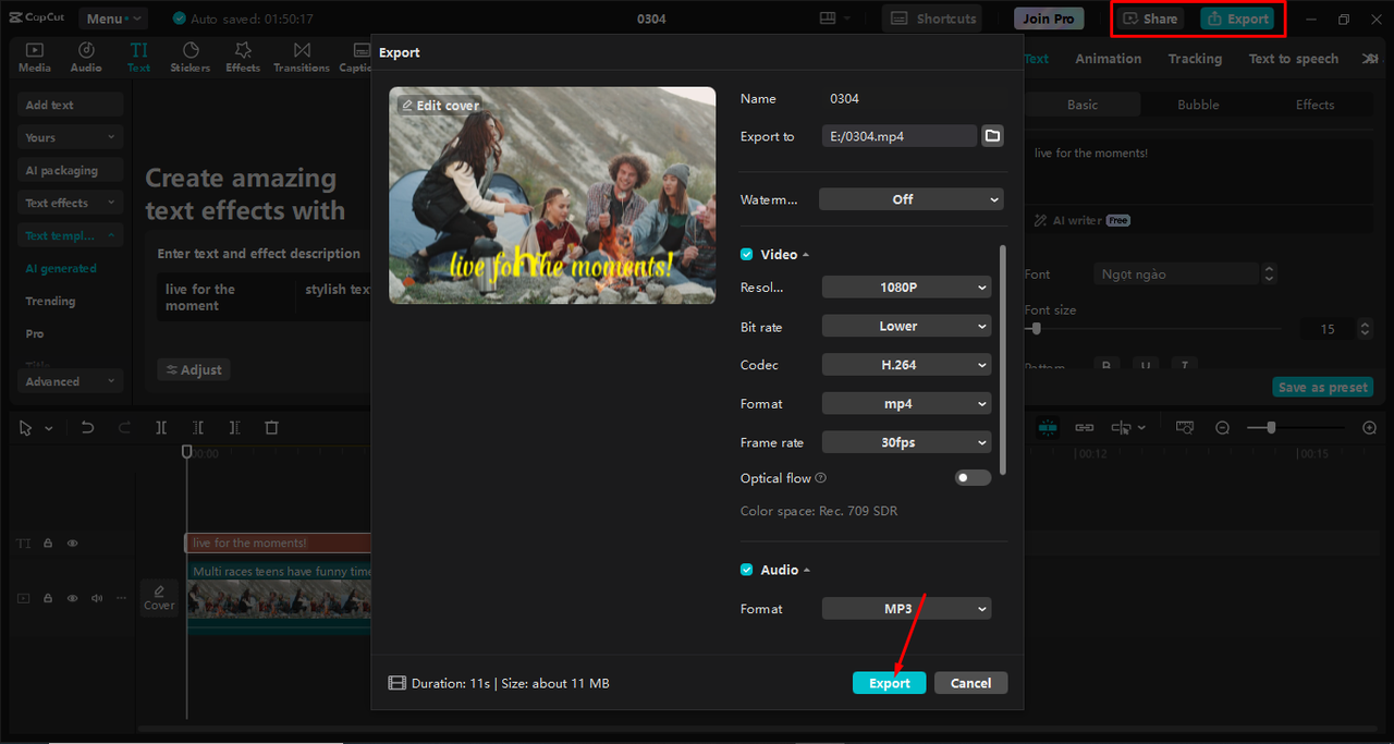 Export vysoce kvalitního animovaného videa z editoru videa pro stolní počítače CapCut