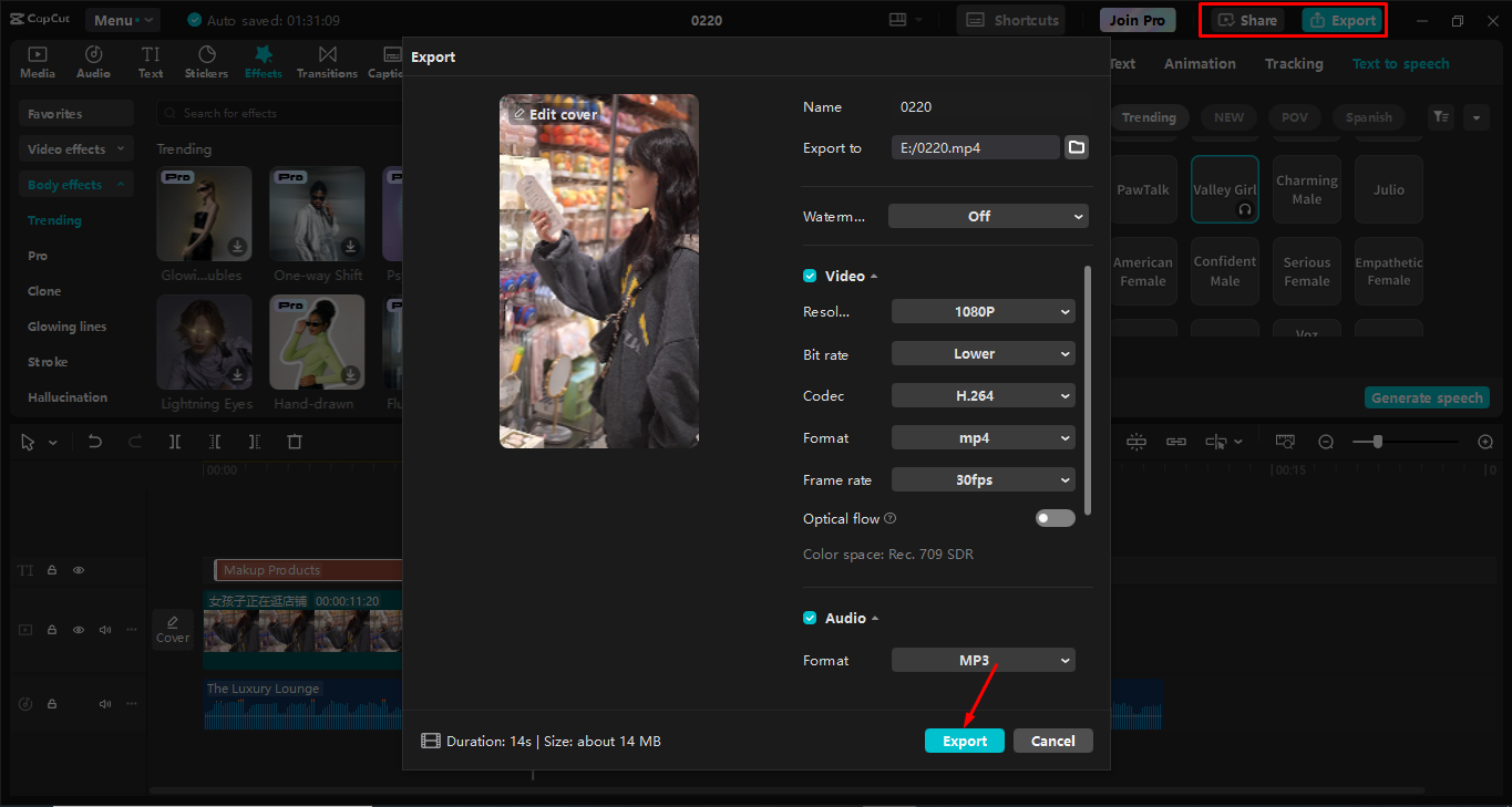 Esportazione video nell' CapCut editor video desktop