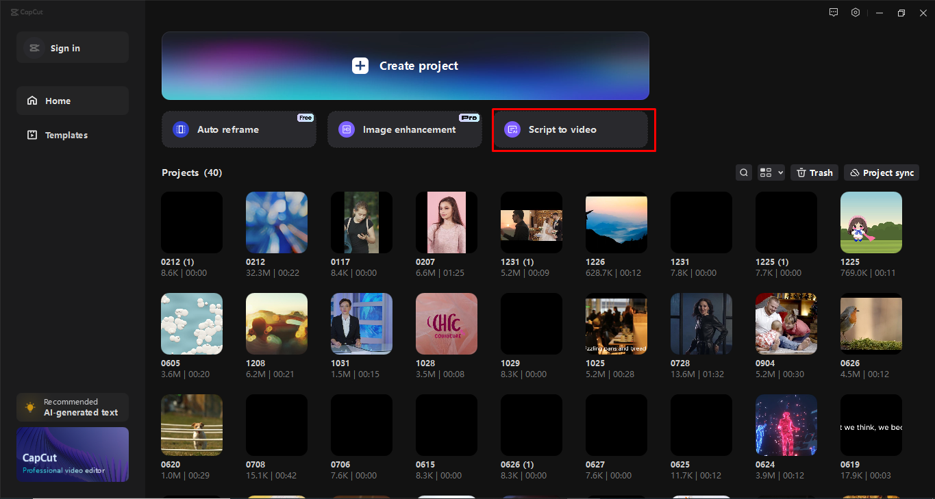 Accessing the script to video tool in the CapCut desktop video editor