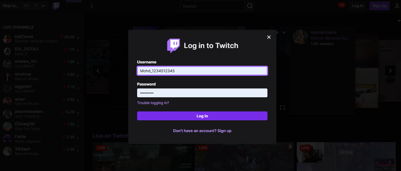 Log in to your Twitch account