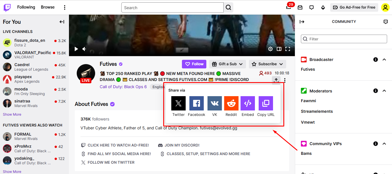 Teilen von Streams auf Social-Media-Plattformen zur Förderung des Twitch-Kanals