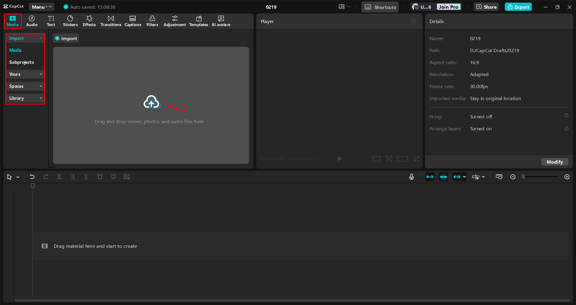 Importazione di un video nell' CapCut editor video desktop