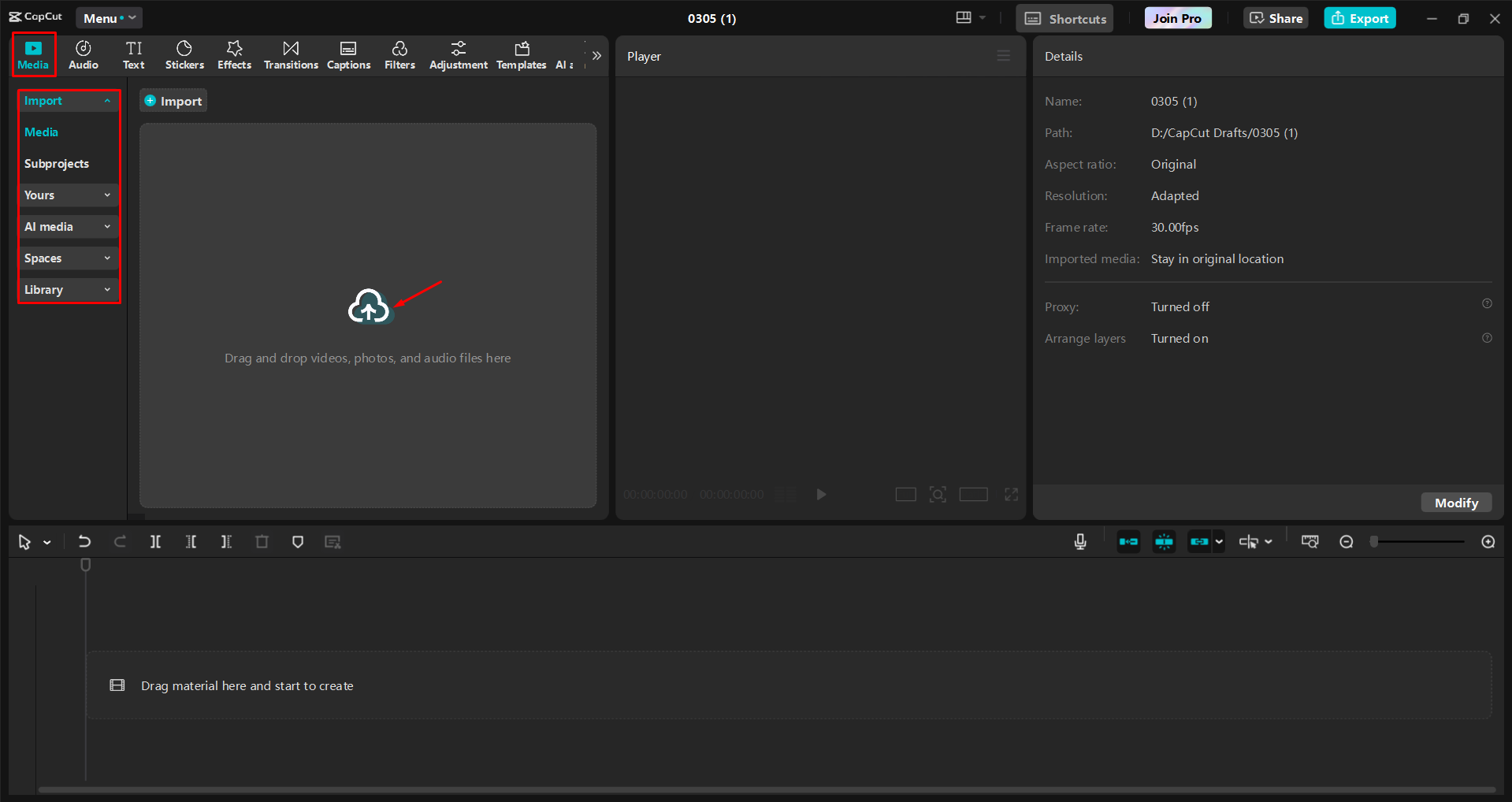 Importing a video into the CapCut desktop video editor